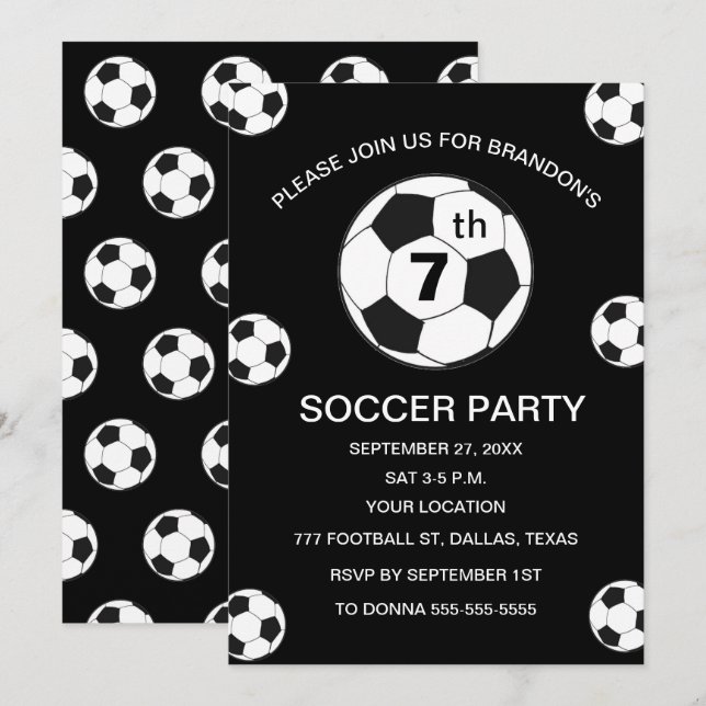Convite 7th Birthday Party Soccer Black Boys Sports (Frente/Verso)
