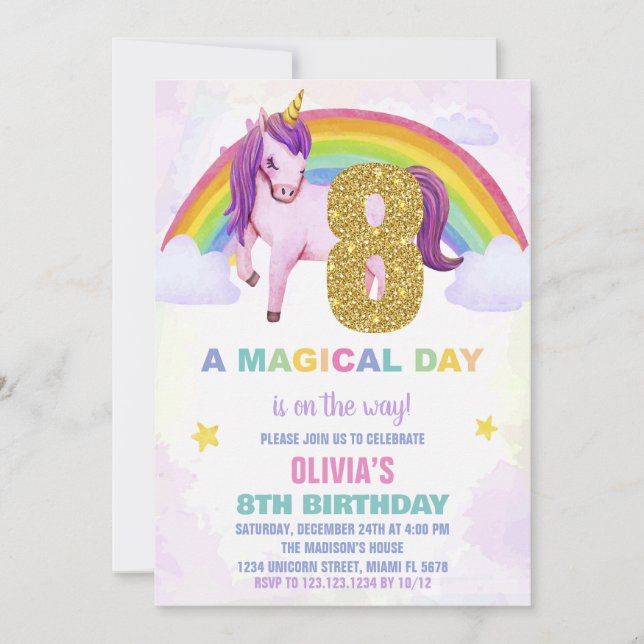 Convite 8ª Cloud do Rainbow Unicorn Birthday Invations (Frente)