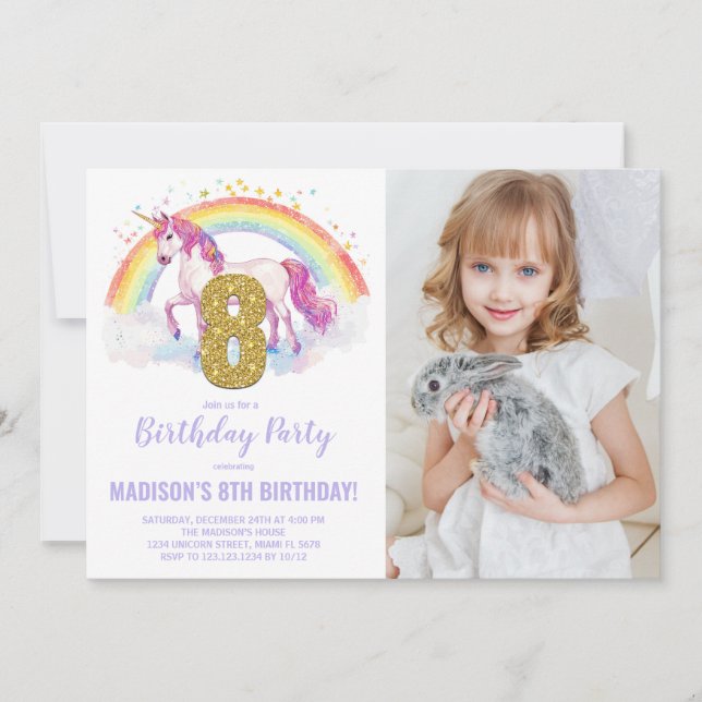 Convite 8ª foto do Rainbow Unicorn Birthday Invtions (Frente)