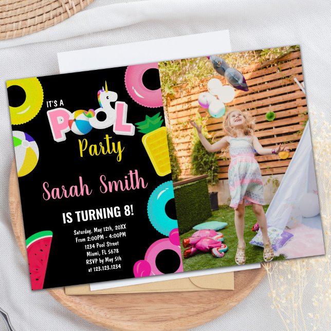 Convite 8º aniversário da Piscina de Fotografia da Unicorn (8th Unicorn watermelon Photo Pool Birthday Invitation)