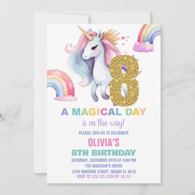 Convite 8º Rainbow Unicorn Birthday Invisions Glitter (Frente)