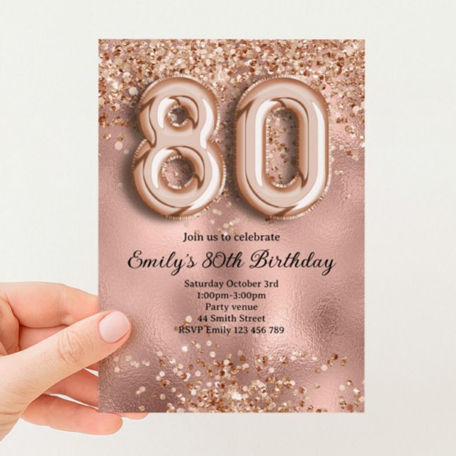 Convite 80º Aniversário Brilho Dourado Rosa (Criador carregado)