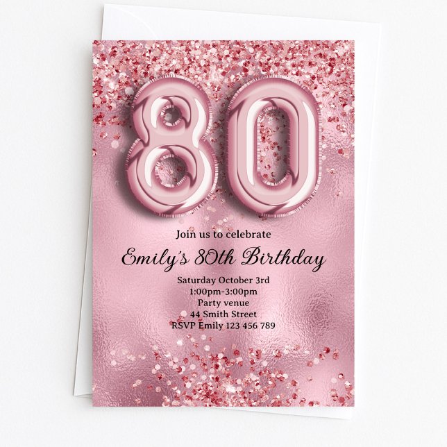 Convite 80º Aniversário Brilho Rosa (Criador carregado)