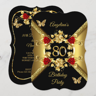 Convite 80º Aniversário Elegante Rosas Vermelhas Douradas 