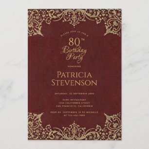 Convite 80º Aniversário Elegante Script Dourado Vintage Bo