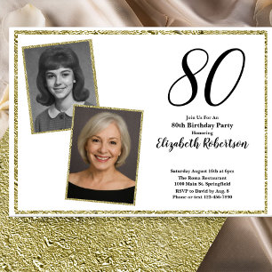 Convite 80º Foto Personalizada Branco e Dourado