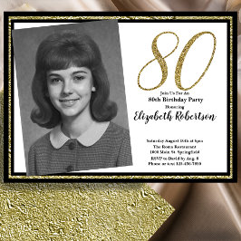 Convite 80º Foto Personalizada Branco Preto e Dourado