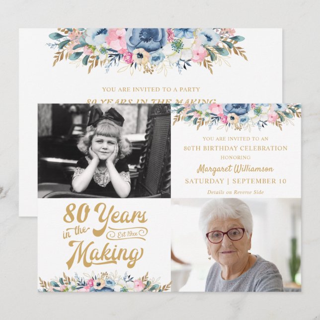 Convite 80º ou Qualquer Aniversário ANOS DE TRABALHO Flora (Frente/Verso)
