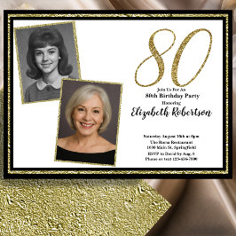 Convite 80º Personalizado 2 Fotos Branco Preto e Dourado 