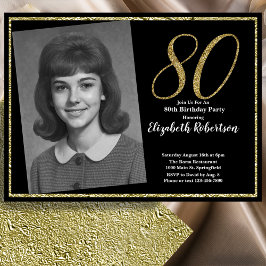 Convite 80º Personalizado Foto Preto e Dourado 