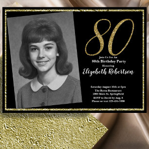 Convite 80º Personalizado Foto Preto e Dourado