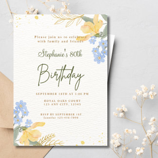 Convite 80 Amarelo Azul Flores Boho Watercolor Aniversário