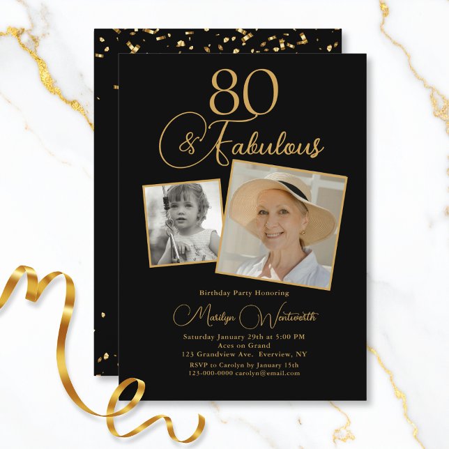 Convite 80 and Fabulous 80th Birthday Gold Script 2 Photo (Criador carregado)