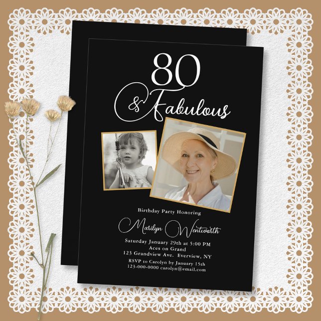 Convite 80 and Fabulous 80th Birthday White Script 2 Photo (Criador carregado)