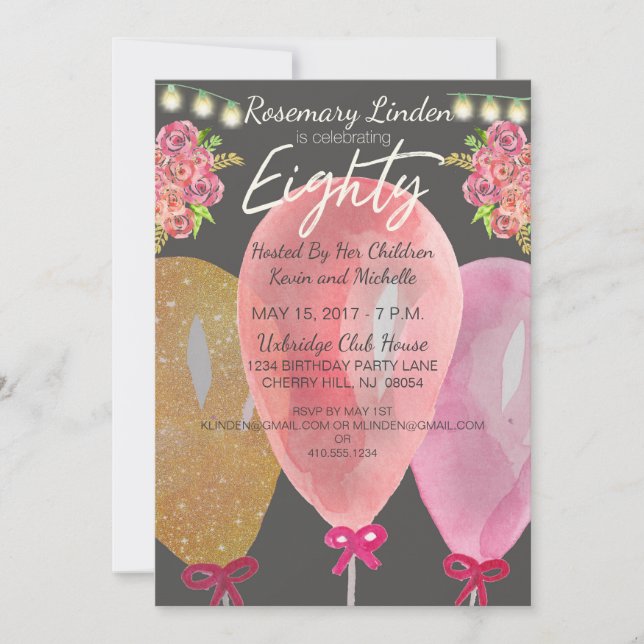 Convite 80 Aniversário Balões Flores e Luzes Convidam (Frente)