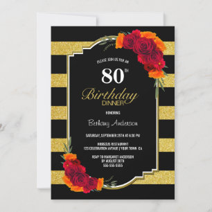 Convite 80 Aniversário Janto Black Dourado Strike Floral