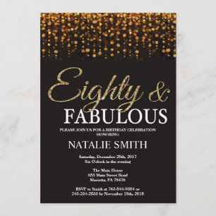 Convite 80 Aniversário Oitenta e Fabuloso, Glitter Dourado