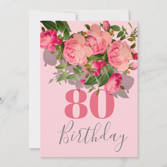 Convite 80 Aniversário Rosa Oitavo Rosa Floral Elegante (Frente)
