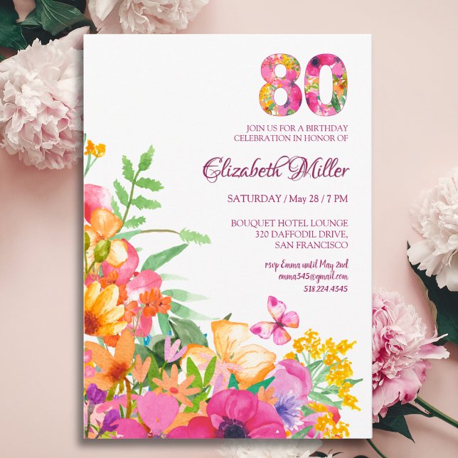 Convite 80 Anos Flores Borboletas 80º Aniversário (Criador carregado)
