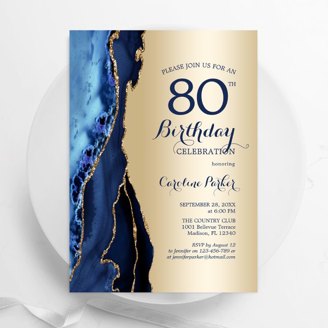 Convite 80 Azul-Agate do Marinho Dourado Aniversário (Criador carregado)