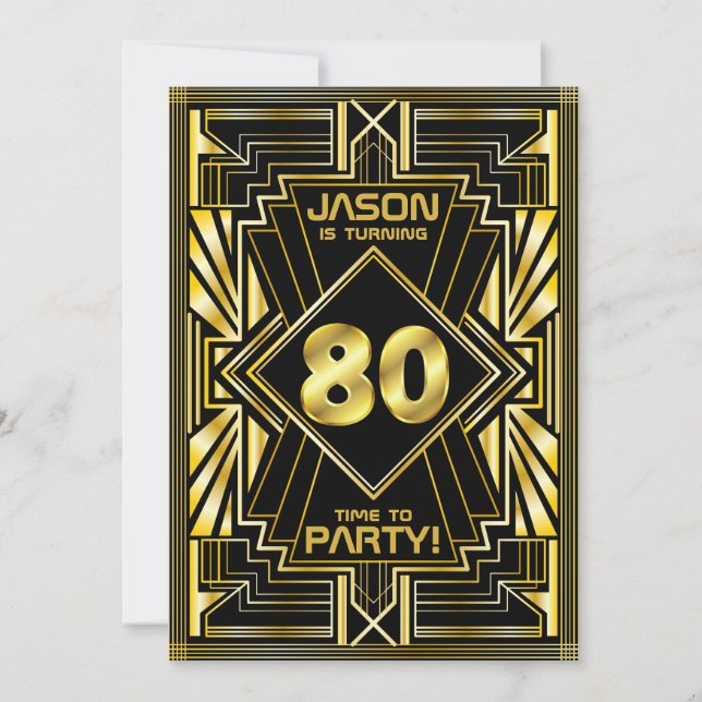 Convite 80 Birthday Art Deco Dourado Excelente Negro Gatsb (Frente)