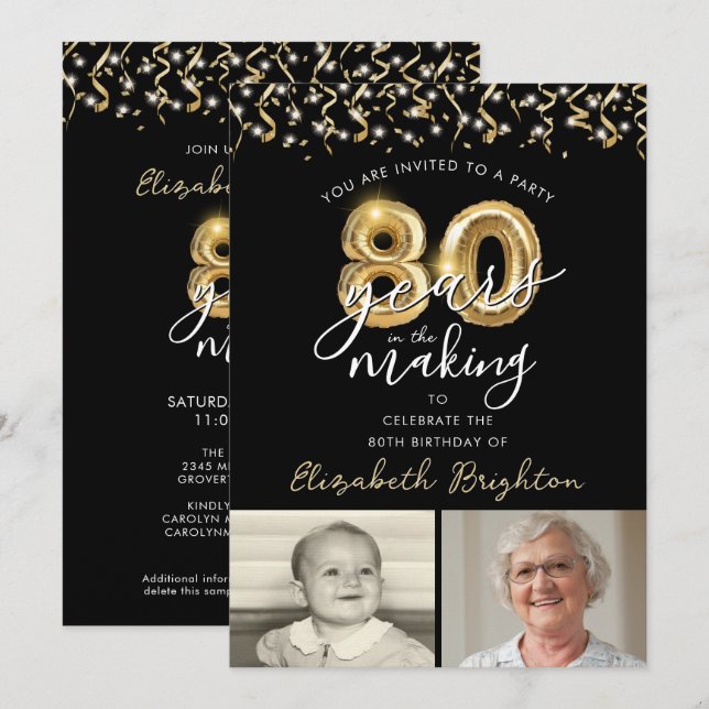 Convite 80 Birthday Black 2 Photos Balloons (Frente/Verso)