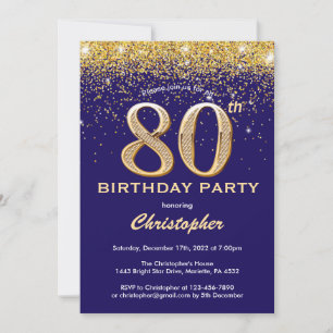 Convite 80 Birthday Black and Dourado Glitter Confetti