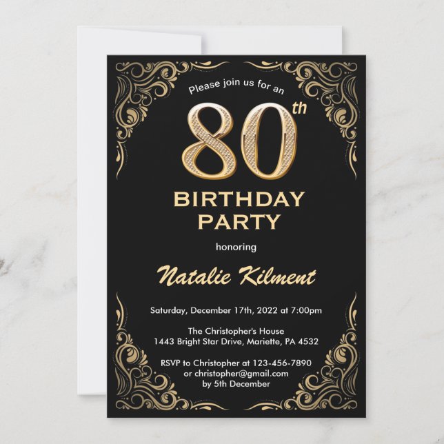 Convite 80 Birthday Black and Dourado Glitter Frame (Frente)