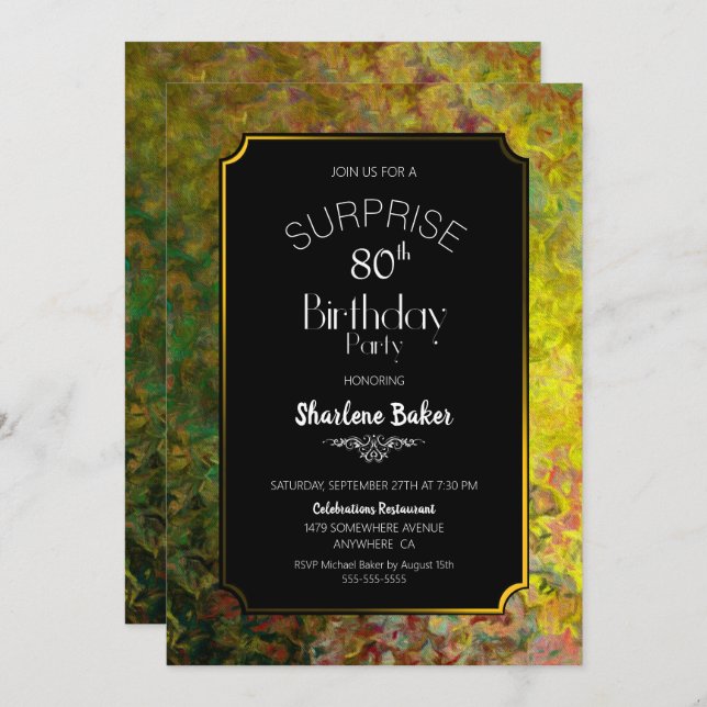 Convite 80 Birthday Black and Dourado Surprise Party (Frente/Verso)