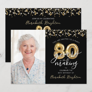 Convite 80 Birthday Black Dourado Balloons One Photo