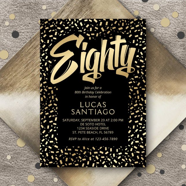 Convite 80 Birthday Black Dourado Confetti (Criador carregado)
