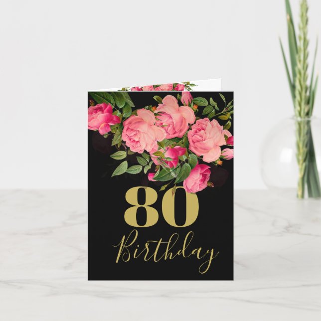 Convite 80 Birthday Black Photo Rosa Floral Elegant (Frente)