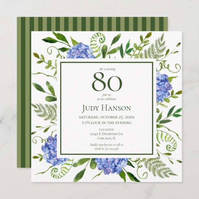 Convite 80 Birthday Blue Hydrangeas (Frente/Verso)
