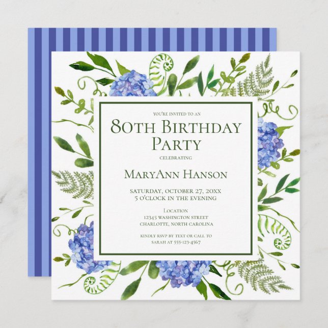 Convite 80 Birthday Blue Hydrangeas Floral Watercolor (Frente/Verso)