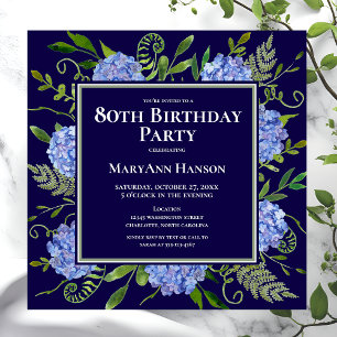 Convite 80 Birthday Blue Hydrangeas Floral Watercolor
