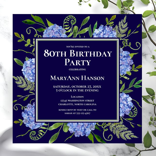 Convite 80 Birthday Blue Hydrangeas Floral Watercolor (Criador carregado)