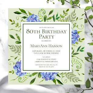 Convite 80 Birthday Blue Hydrangeas Floral Watercolor