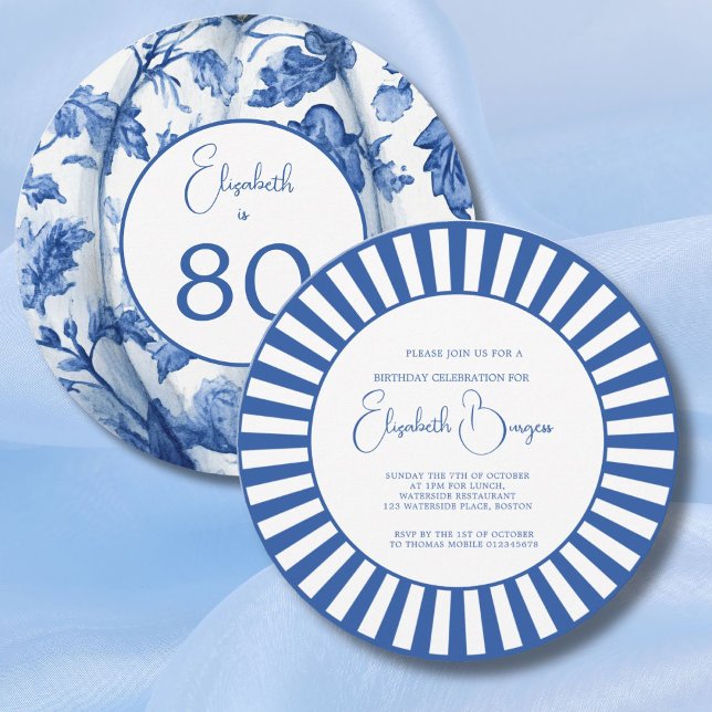 Convite 80 Birthday Blue Striper Floral (Criador carregado)
