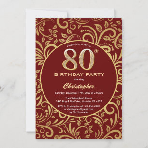 Convite 80 Birthday Burgundy Red e Dourado Padrão Floral