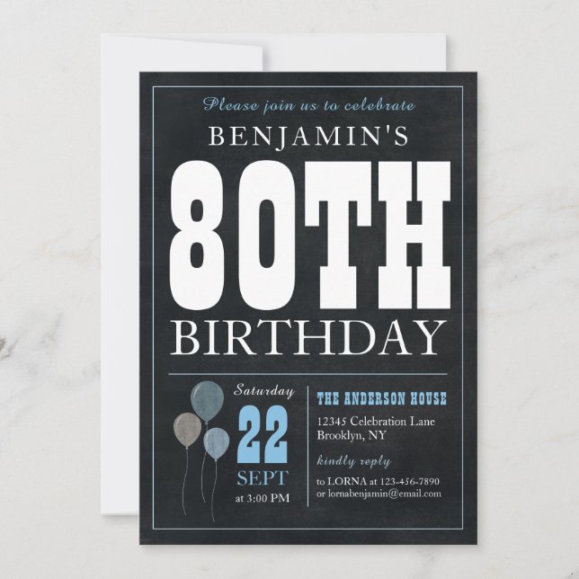 Convite 80 Birthday Chalkboard Blue Balloon Russo Chic (Frente)