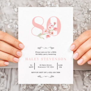 Convite 80 Birthday Chic Simples Rosa e Branco Floral