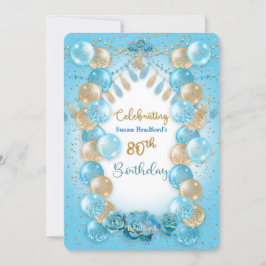 Convite 80 Birthday Damas Azul Dourado Balões Design