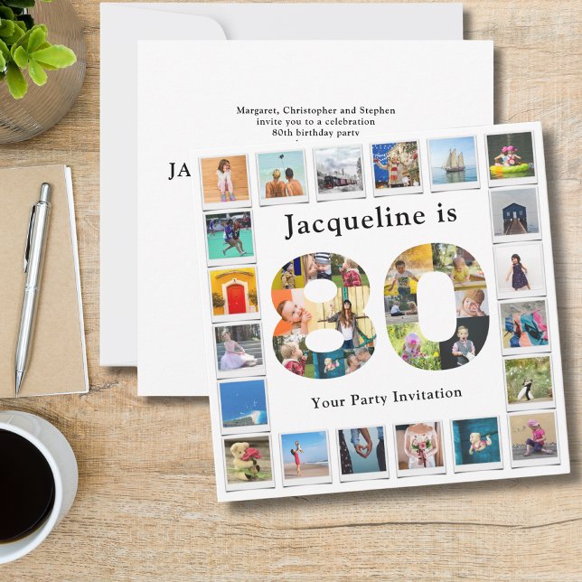 Convite 80 Birthday Design da sua própria Colagem de Fotos (Personalized 80th birthday invitations with family photo collage template.)