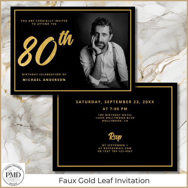 Convite 80 Birthday Elegant Photo Black Dourado (70th Birthday Black and Gold Photo Invitation with Faux Gold Leaf, Party Details on the Back.)