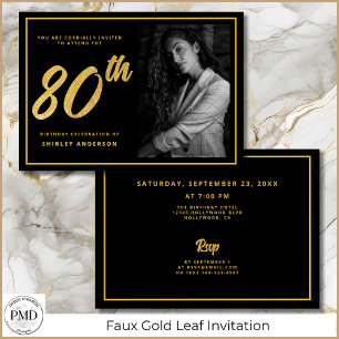 Convite 80 Birthday Elegante Foto Negra Folha Dourada