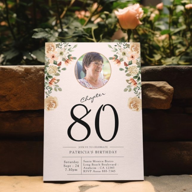 Convite 80 Birthday Floral Photo Party (Custom blush pink 80th birthday template with photo template in a garden setting)