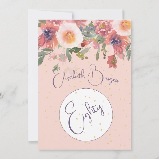 Convite 80 Birthday Floral Rosa Rosa Elegante Rosa Rosa El (Verso)