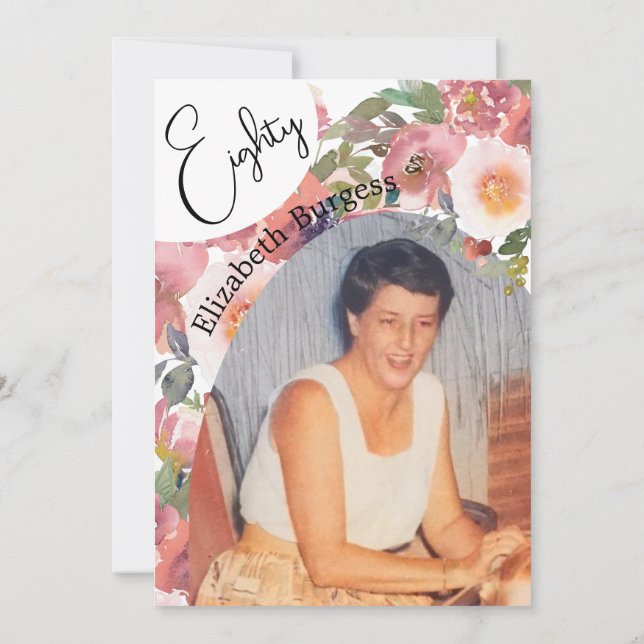 Convite 80 Birthday Foto Floral Elegante Aniversário (Verso)