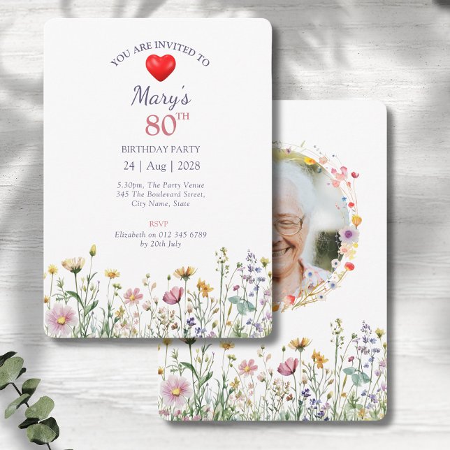 Convite 80 Birthday Garden Floral Wild Meadow Photo (80th birthday floral birthday party invitations on a grey wood background)