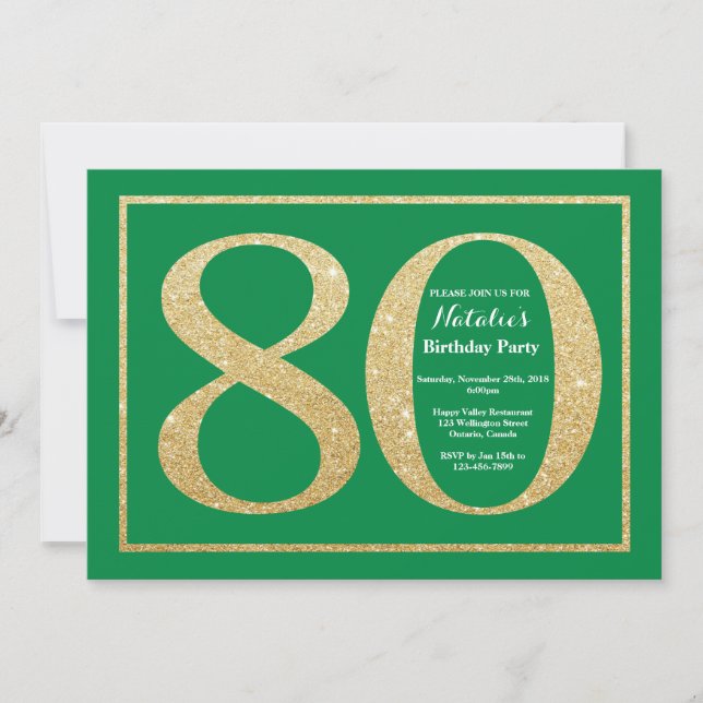 Convite 80 Birthday Green e Dourado brilho (Frente)